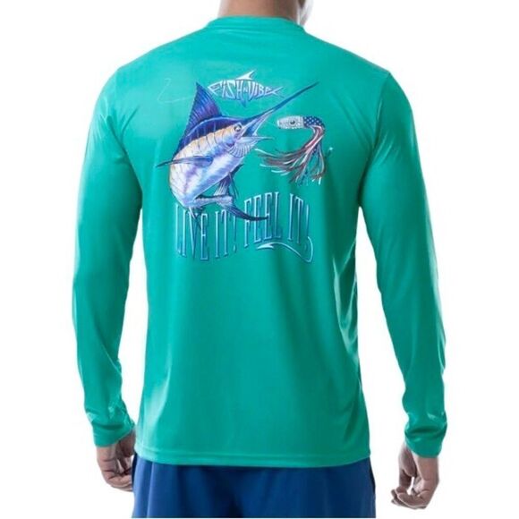 Fish & Vibe Long Sleeve Performance Fishing Shirt in Aqua Men’s Small - Picture 1 of 8